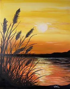 a painting of a sunset over water with grass in the foreground and hills in the background