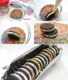 the process for making oreo cookies with sprinkles is shown in pictures