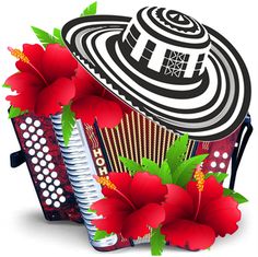 an accordion and flowers on a white background