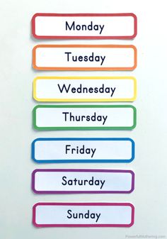 four days of the week stickers on a white surface with text that says monday, wednesday, friday, friday and saturday