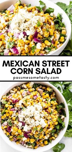 mexican street corn salad with feta cheese and cilantro in a white bowl