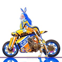 a woman riding on the back of a blue and yellow motorcycle next to a mirror