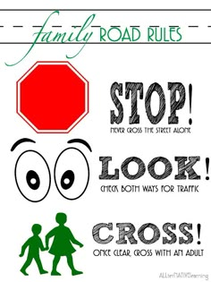 Sign to print to help toddlers and preschoolers understand the rules of the road. Safety Lesson Plans, Road Safety Tips, Road Safety Poster, Road Safety Signs, Safety Rules For Kids, Street Safety, Parenting Questions