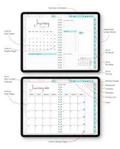 two black and white planner pages with the words, january to december written on them