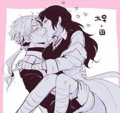 an anime couple kissing each other with the background in black and white, on pink