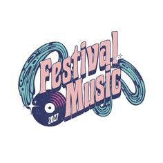 the festival music logo is shown in pink and blue, with an image of a record player