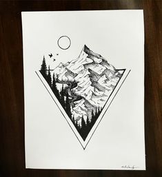 a drawing of mountains and pine trees with the moon in the sky above them on white paper