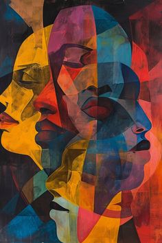 an abstract painting with many different colors and shapes on the image, including one woman's face