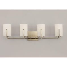 four light bathroom fixture with white glass shades in brushed steel finish and satin opal shades