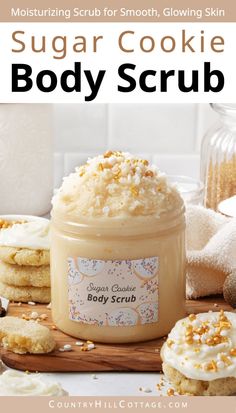 sugar cookie body scrub in a jar surrounded by cookies