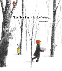 the tea party in the woods book cover with an illustration of two people standing next to trees