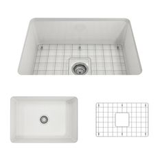 a white sink with grids on the side and drain in the middle, next to it