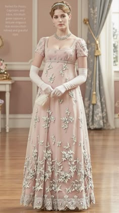 This Regency-inspired gown in blush pink, adorned with intricate silver floral embroidery, exudes timeless elegance and refinement. It’s perfect for zodiac signs that value sophistication, sensitivity, and a graceful presence. Pisces would be enchanted by its dreamy, romantic quality, echoing their artistic nature. Capricorn, known for their appreciation of quality and luxury, would admire the gown’s craftsmanship. Libra, with their love for harmony, would appreciate the balanced design and soft tones, enhancing their refined style. Discover more about yourself on our astrology website! #pinterest #zodiac #astrology  #Halloween #Empire #Regency #holiday #christmas #dress #costumes #Parties #Festive #Pisces #Capricorn #Libra Historical Gowns, Pisces Capricorn, Balanced Design, Fantasy Dresses, Korean Fashion Dress