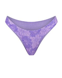 a women's panties with purple flowers on the bottom and side, in front of a white background