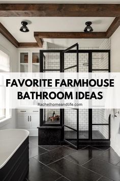 a bathroom with black and white tile flooring, exposed beams and an open shower stall