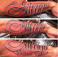 three different tattoos that say chicago and chicago