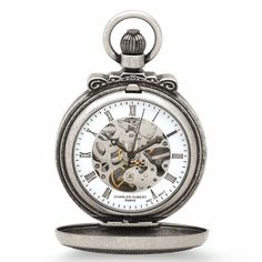 PRODUCT DESCRIPTIONThe distinctive antiqued silver finish on front and back, and the coat of arms etched design in this Charles Hubert pocket watch, will delight any man who receives it! Inside the covers, a skeleton dial reveals the watch's inner 17-jewel mechanism. The white dial has contrasting black Roman numerals and hands, and is covered with a scratch-resistant lens. This watch comes with a matching 12" chain, and is packaged in a signature Charles Hubert gift box.PRODUCT INFORMATIONAntiq Vintage Medallion Pocket Watch With Skeleton Dial, Silver Timeless Pocket Watch With Skeleton Dial, Timeless Silver Pocket Watch With Skeleton Dial, Antique Silver Watches With Skeleton Dial, Classic Engraved Silver Watch Accessories, Antique Silver Watch With Skeleton Dial, Vintage Silver Pocket Watch With Metal Dial, Vintage Silver Pocket Watch With Round Dial, Silver Skeleton Dial Watch Collectible