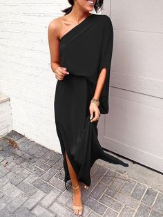 Product and Model ShowPlease note that slight color difference should be acceptable due to the light and screen. Off One Shoulder Dress, Black Collared Dress, Loose Maxi Dress, Chiffon Fashion, Asymmetrical Skirt, Solid Clothes, Trend Fashion