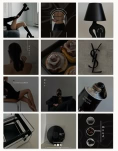 a collage of photos with various objects including a lamp, woman in black dress and other items