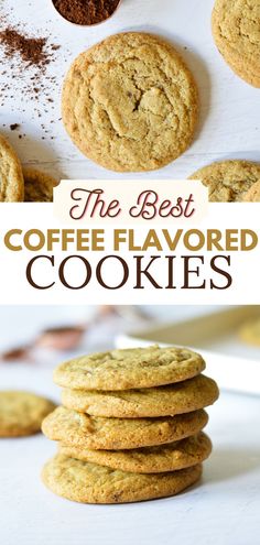 a stack of coffee cookies Cookies With Instant Coffee, Coffee Crisp Cookies, Espresso Powder Cookies, Cinnamon Coffee Cookies, Irish Coffee Cookies, Mocha Cookies Recipe, Chocolate Chip Coffee Cookies, Mocha Chocolate Chip Cookies, Coffee Cookie Bars