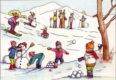 children are playing in the snow with their skis and snowballs while others watch