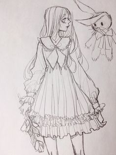 a drawing of a girl in a dress with a bird on her shoulder