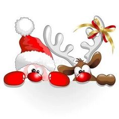 two reindeers wearing santa hats and red mittens with a bow on their antlers