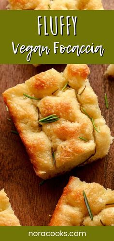 a wooden cutting board topped with puffy vegan focaccia