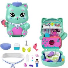 This adorable Polly Pocket Set Sail Kitty Compact is shaped like a cat with a fun dress-able exterior perfect for kids who love to express their unique fashion sense! Open the playset to discover an awesome cruise ship interior with 1 micro doll and 10 themed accessories, including 2 pet kitties. Dolls love to sway back and forth in the hammock! Enjoy a game of mini golf or play captain and steer the ship all aboard! When it's time to run, pack it up for on-the-go fun! Ideal for ages four years Cruise Ship Interior, Cruise Ships Interior, Ship Interior, Sway Back, Time To Run, Pocket Cat, Polly Pockets, Toy Brands, Fun Dress