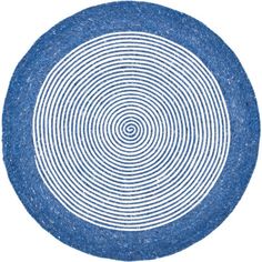 a blue and white circular rug on a white background