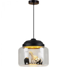 a light fixture with a glass jar and animals in it on a white wall background