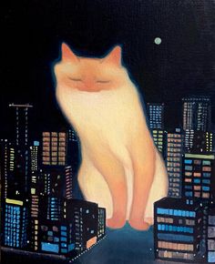 a painting of a cat sitting on top of a building with city lights in the background