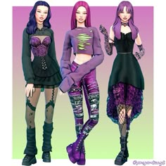 three women in gothic clothing standing next to each other on a purple and green background