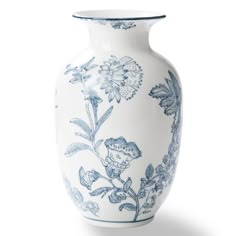 a blue and white vase with flowers on it's sides is shown in front of a white background