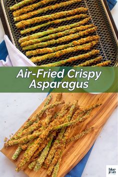 air fried crispy asparagus on a wooden cutting board with text overlay