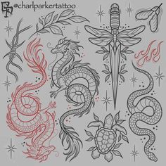 Legtattoo Ideas, Illustrative Tattoo Designs, Flash Page Tattoo, Colour Flash Tattoo, Flash Tattoo Sleeve Women, Alternative Flash Tattoo, Black And Red Flash Tattoo, Leg Flash Tattoo, How To Draw Tattoos Step By Step