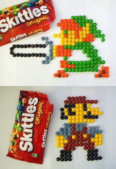 two pictures of different colored candies and one has an image of a person on it