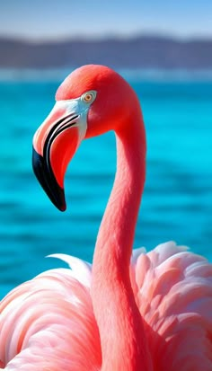 a pink flamingo is standing in the water