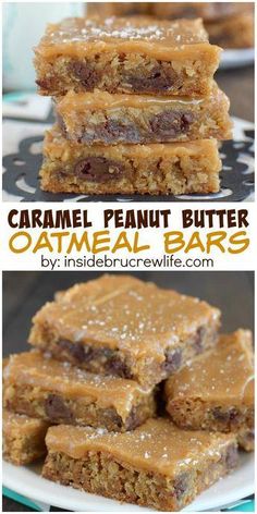 caramel peanut butter oatmeal bars are stacked on top of each other