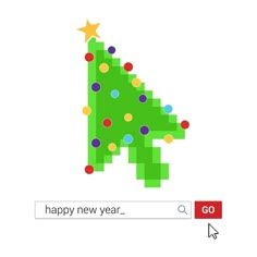 an image of a christmas tree made out of colored dots on a white background with the words happy new year written below it