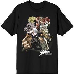 an anime t - shirt with many characters on the front and back, all in black