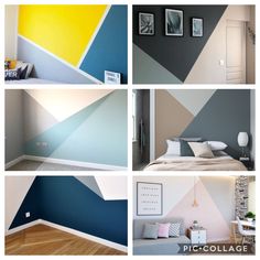 four pictures of different rooms with blue, yellow and grey colors on the walls in each room