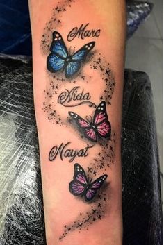 a woman's arm with three butterflies on it and the words mama, mom, and