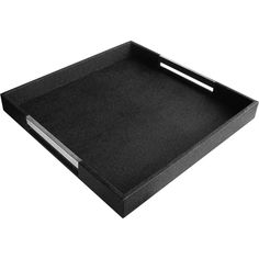 a black tray with silver handles on a white background