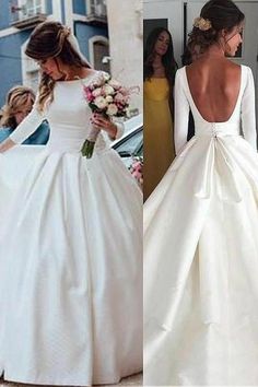 the back of a bride's wedding dress is shown in three different pictures, one showing