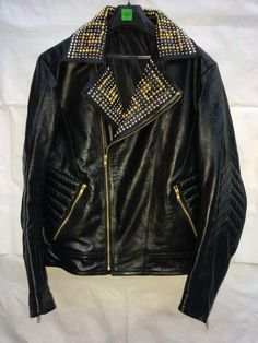 Crafted Leather Punk Gold & Sliver Studded Handmade Men Black Jacket With Slashed Pockets on Storenvy Men Black Jacket, Mens Black Jacket, Studded Jacket, Gothic Clothing, Real Leather Jacket, Animal Coloring, Gothic Outfits, Casual Clothing, Workout Jacket