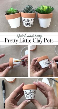 the instructions to make pretty little clay pots with succulents and flowers on them