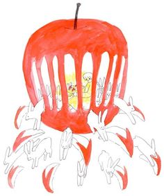 a drawing of a red apple with hands coming out of it and an orange piece of fruit in the middle