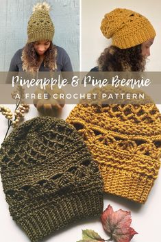 three different knitted hats with text that says pineapple and pine beretie