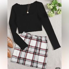 Nwt! Women's Stylish Two Piece Set, Solid Black Square Neck Crop Top With Scalloped Edges & Plaid High Waist Mini Skirt. Plaid Skirt Set, Split Hem Skirt, High Waist Mini Skirt, Plaid Mini Skirt, Neck Crop Top, Long Sleeve Plaid, Plaid Skirt, Plaid Skirts